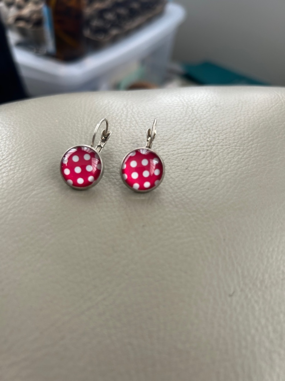 Red‎ White Polka Dot Earrings Retro Cabochon Leverback Fun Statement Style